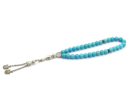 Perlin Muslim Prayer Beads 33 Bead Turquoise Tasbih Islamic Misbaha Subha Dhikr Beads with 10mm Polished Blue Turquoise Gemstone Beads Hematite Spacers, 925 Sterling Silver Imam Ottoman Style Rosary