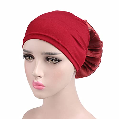 Women Flower Elastic Turban Beanie Head Scarf wrap Chemo Cap hat for Cancer Patient - color: White Red