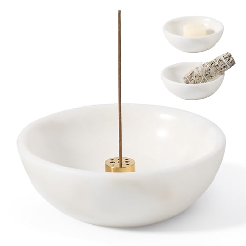 Koville Natural Marble Incense Holder, Incense Holder for Sticks with 9 Holes, Handmade Incense Burner Ash Catcher for Meditation Yoga SPA, Balsam Fir/Palo Santo/Sage/Cone (White) - color: D=130-white