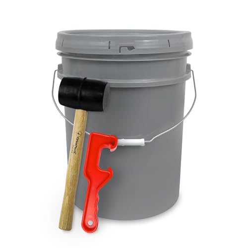 5 Gallon Plastic Bucket with Airtight Lid | Made in USA | Food Grade Bucket | BPA-Free | Heavy Duty 90 Mil All Purpose Pail | One 12" Rubber Mallet & One Lid Opener Included | 1 Pack | Airtight Lid, Mallet and Lid Opener Included, Heavy-Duty 90 Mil HDPE P