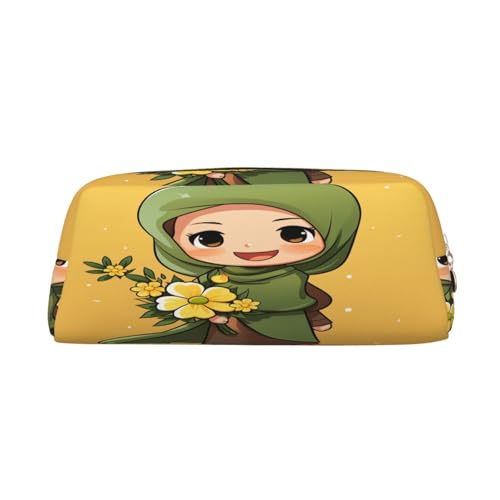 Cartoon Muslim Girl print Pencil Bag waterproof Zipper Pencil Case Leather Pen Box Cosmetic Bag For Office Pencil - color: Gold