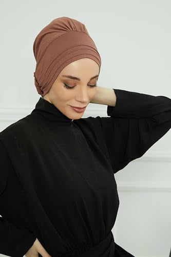 Aisha's Design Instant Turban Head Wraps for Women, Combed Cotton Scarf Lightweight Pre tied Hijab with Back Rose Detail - color: Caramel Brown