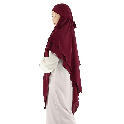 Khalat Muslim Prayer Hijab - 2 Layers Soft Breathable Islamic Dubai Women's Instant Long Hijab - color: Wine Red