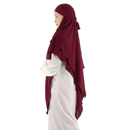 Khalat Muslim Prayer Hijab - 2 Layers Soft Breathable Islamic Dubai Women's Instant Long Hijab - color: Wine Red