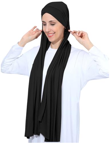 Instant Jersey Cotton Hijab Scarf for Women, Non-See Through Tieback Muslim Head Scarf - color: Black