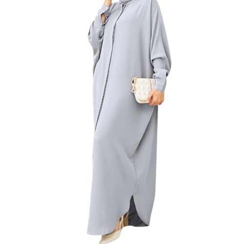 IKADEX Women Batwing Sleeve Abaya Button Loose Fit Long Maxi Muslim Dress Islamic Kaftan Prayer Robe - color: Grey