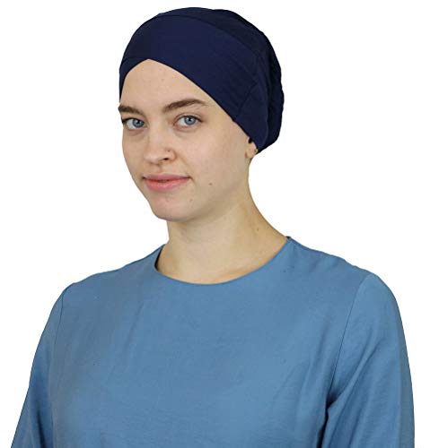 Modefa Islamic Turkish Women's Plain Solid Jersey Criss Cross Tube Hijab Bonnet Muslim Scarf Cap Bone Underscarf - color: Navy Blue