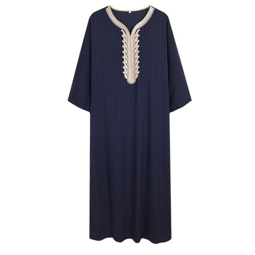 Muslim Robe for Men Arab Long Sleeve Kaftan Islamic Arabic Abaya Silk Thobe Ramadan Middle East Islamic Cloth Shirt Gown - color: #01-navy, size: 3X-Large