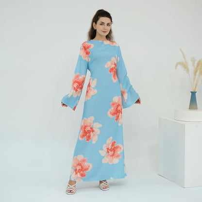 FYMNSI Womens Muslim Dresses Bell Sleeve Floral Butterfly Abaya Modest Dubai Kaftan Islamic Dress Eid Ramadan Prayer Clothes - color: Light Blue, size: Medium