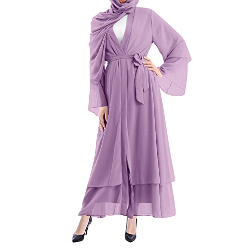 IWEMEK Women Chiffon Muslim Dress Middle East Arabian Robe Islamic Open Front Abaya Long Sleeve Flowy Maxi Cardigan Dress - color: Purple, size: Small