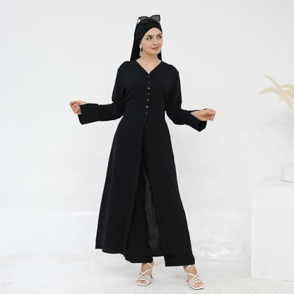IDOPIP Muslim Women 2-Piece Set Long Sleeve Ramadan Islamic Abaya Dress Shirt with Pants Loose Fit Casual Dubai Prayer Outfit - color: Black, size: X-Large-XX-Large