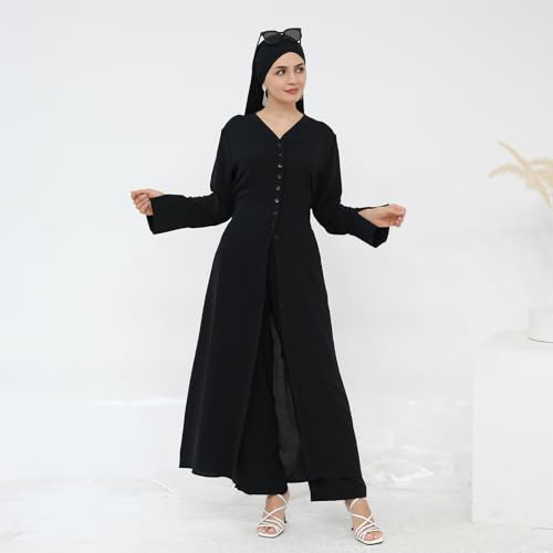 IDOPIP Muslim Women 2-Piece Set Long Sleeve Ramadan Islamic Abaya Dress Shirt with Pants Loose Fit Casual Dubai Prayer Outfit - color: Black, size: X-Small-Small