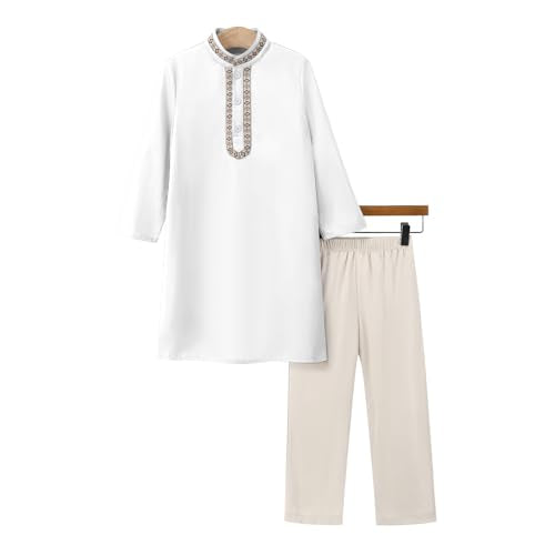 ODIZLI Toddler Boys Muslim Long Sleeve Kaftan Abaya and Pants With Pockets Saudi Arabic Dubai Outfits for Eid Ramadan - color: White, size: 4-5T