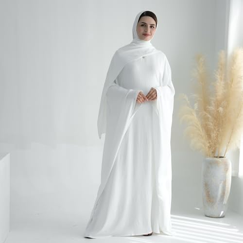 ODIZLI Abayas For Women Muslim Dubai Full Cover Kaftan Shirt Dress Batwing Sleeve Prayer Dress With Hijab - color: White + Hijab, size: Two