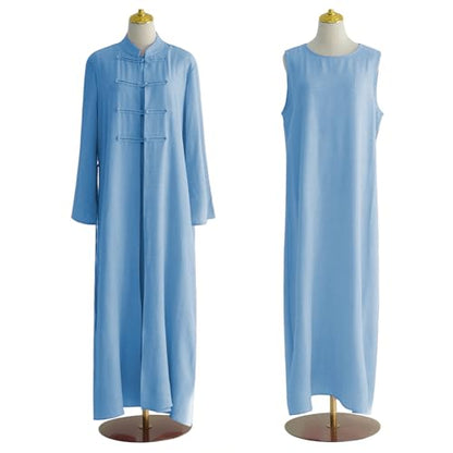 2PCS Women Muslim Abaya Dress Stand Collar Full Coverage Cardigan Dress Set - color: Sky Blue, size: Large