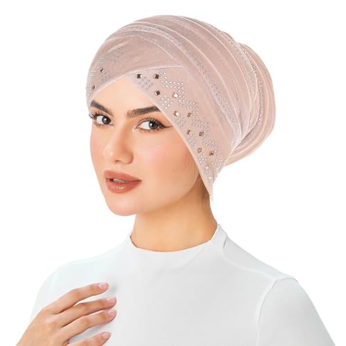 Rhinestone Hijab Turban Hats for Women Beanies Bandana Headwrap Cap Beanies Headwear Headscarf Undercap Turban Hat - color: Beige