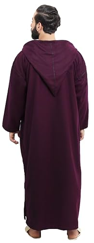 Moroccan Men Djellaba with Hood – Handmade Winter Jellaba Cotton Kaftan with Delicate Embroidery, Caftan Fits L–XL - color: Burgundy