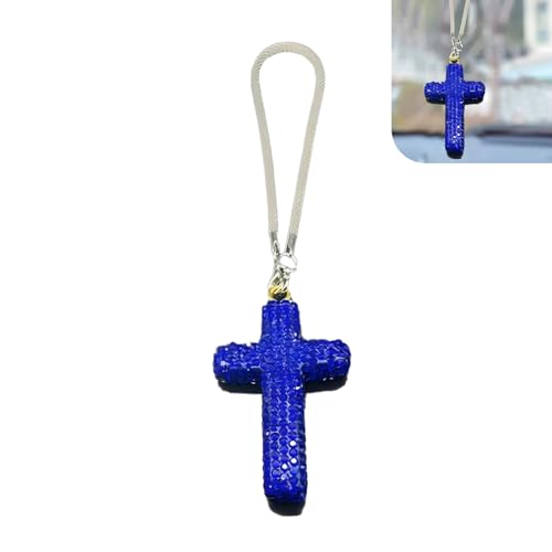 Bling Cross Car Hanging Accessories, Crystal Rhinestone Rear View Mirror Pendant, Religious Rearview Mirrors Decoration Charm, Car Hanging Ornament, Automotive Interior Accessories (Dark Blue) - color: Dark Blue