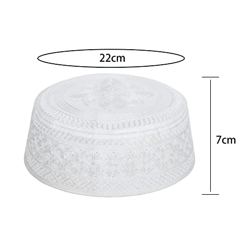 Mens Muslim Hat Islamic Prayer Cap, Muslim Eid Prayer Embroidered Kufi Fat Ramadan Mosque Arab Indian Prayer Cap - color: White
