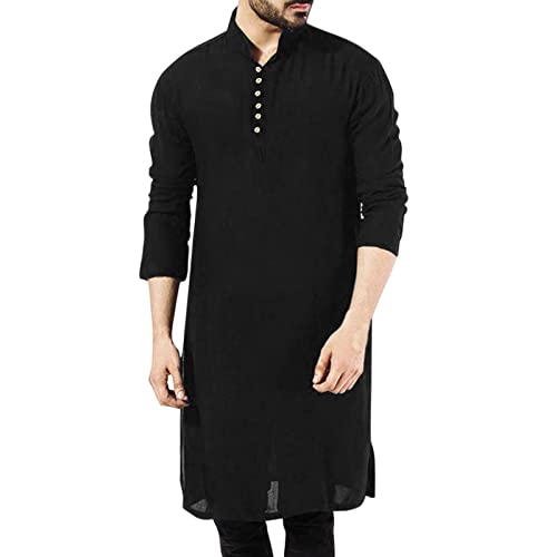 Alalaso Mens Muslim Thobe Kaftan Robe Saudi Arabic Middle East Islamic Long Gown Dress Long Sleeve Clothing Ramadan Jubbah - color: 2-black, size: X-Large