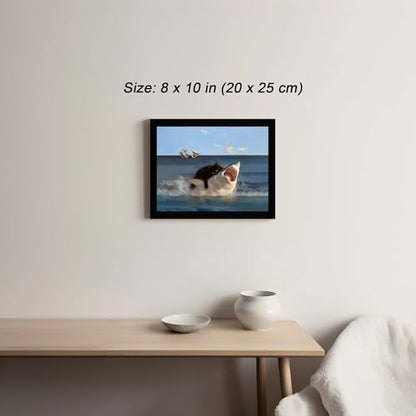 ICHZUMW Framed Funny Black Cat Biting Shark Ocean Canvas Wall Art 8x10 In - color: Black Shark Rider, size: 10"L x 8"W