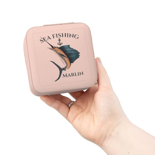 3dRose Nautical deep sea fishing design with ship anchor and marlin fish. Jewelry Travel Case Pink