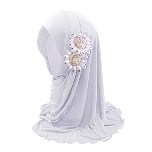 Girls Ice Silk Muslim Khimar Hijab Headscarf Flower Arab Scarf Shawls Neck Wrap Islamic Head Wrap for Age 2-7 Years - color: Style 1-white