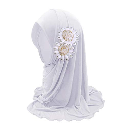 Girls Ice Silk Muslim Khimar Hijab Headscarf Flower Arab Scarf Shawls Neck Wrap Islamic Head Wrap for Age 2-7 Years - color: Style 1-white