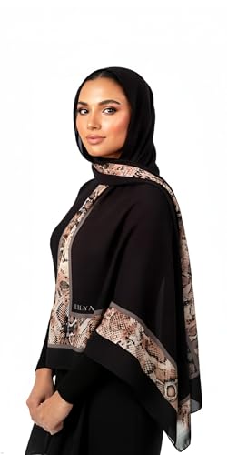 Hijab Modest and Elegant | Beautifully Designed Printed Chiffon Patterns | Muslim Women Head Scarf and Veil - color: Black T