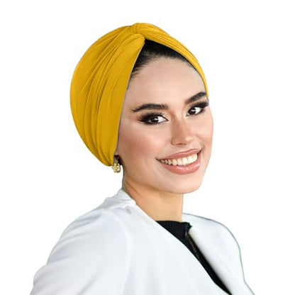 para life Knot Turbans for Women, Breathable Instant Turban|Standard Size Cotton|Pre-tied Scarf, Hijab Cap&Undercap - color: Mustard