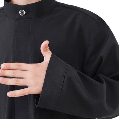 Boys Muslim Abaya Thobe Long Sleeve Cotton Islamic Prayer Kaftan Clothes Teen Kids Ramadan Plain Soft Festive Thobe - color: Black, size: 13-14 Years