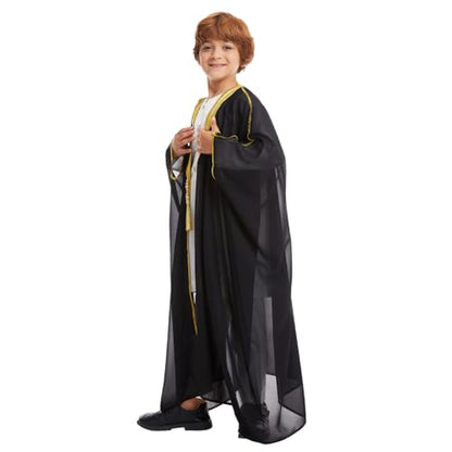 FYMNSI Boys Robe Islamic Muslim Clothes Kimono Loose Abaya Long Sleeve Embroidered Chiffon Kaftan Cardigan Casual Dubai Thobe - color: Black, size: 8-10 Years