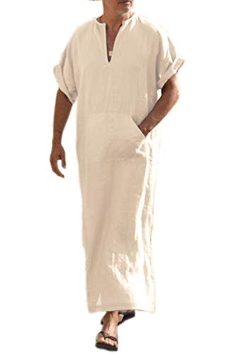 COOFANDY Men's V-Neck Linen Robe Short Sleeve Kaftan Thobe Long Gown Casual Shirt for Beach, Summer - color: Light Khaki, size: Small