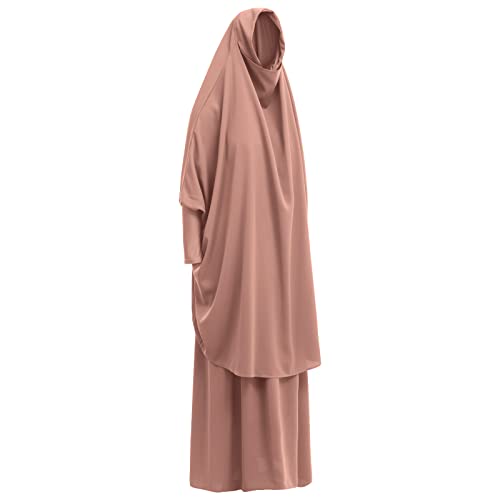 Prayer Clothes for Muslim Women Islamic Abaya Suit Maxi Skirt + Khimar Hijab 2pcss Burka Jilbab Kaftan - color: Khaki