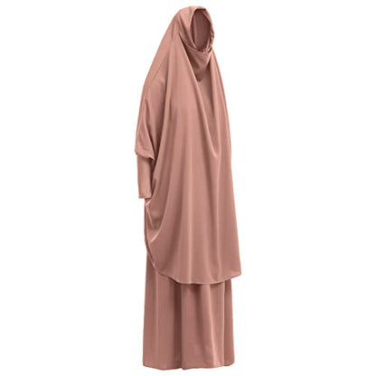 Prayer Clothes for Muslim Women Islamic Abaya Suit Maxi Skirt + Khimar Hijab 2pcss Burka Jilbab Kaftan - color: Khaki