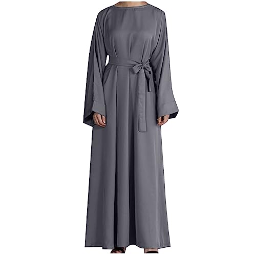 Ctreela Abaya Muslim Dresses for Women Girls Pockets Islamic Prayer Clothes with Tie Waist Ramadan Tarawih Sawm Outfits - color: Gray, size: Small