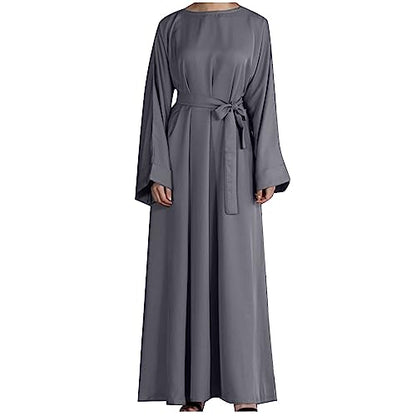 Ctreela Abaya Muslim Dresses for Women Girls Pockets Islamic Prayer Clothes with Tie Waist Ramadan Tarawih Sawm Outfits - color: Gray, size: XX-Large