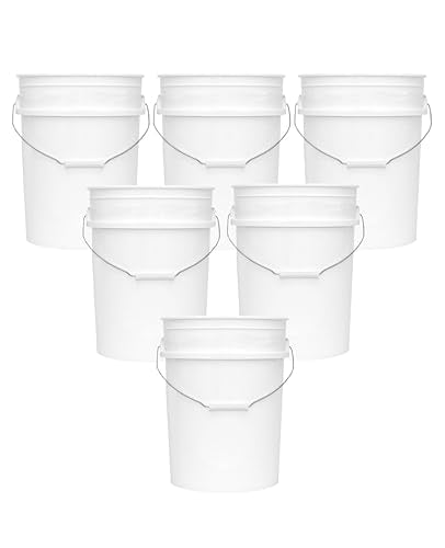 5-Gallon Bucket Only – No Lid Included, Made in USA, Food Grade BPA Free Plastic, Heavy Duty Multi-Use, Metal Handle with Grip, Stackable Storage – White, 6 Pack - color: White, size: 6