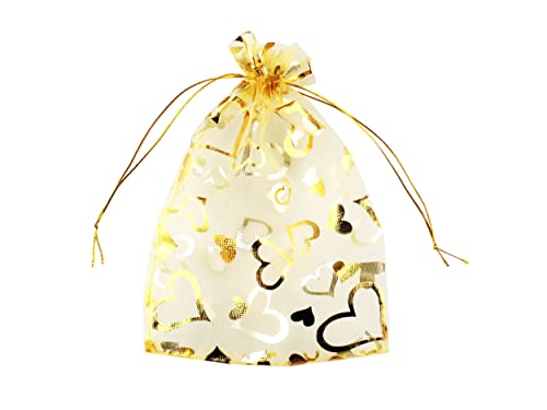QIANHAILIZZ 100 Pack 5 x 7 Inch Organza Jewelry Gift Pouch B381, Gold Heart - color: gold heart