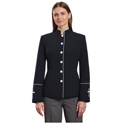 FAD-4U Women Long Sleeves Clergy Coat with Stand Up Collar Button Down Pastor Clergy Dresses - color: Black, size: XX-Large