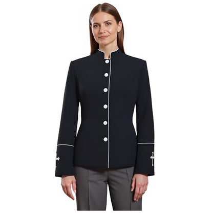 FAD-4U Women Long Sleeves Clergy Coat with Stand Up Collar Button Down Pastor Clergy Dresses - color: Black, size: XX-Large