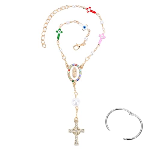 Car Rosary for Rearview Mirror, Evil Eye Auto Rosary Beads, Car Medal and Hanging Accessories for Interior Decors for Women Men (cross-color) - color: Multicolor