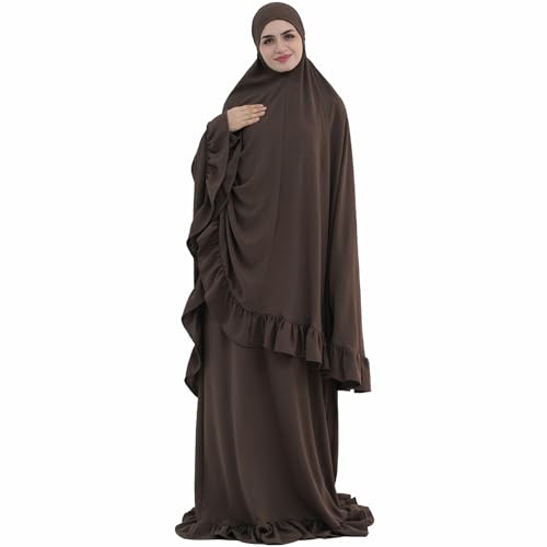 2PCS Women Muslim Prayer Abaya Dress Ruffle Trim Side Pockets with Khimar - color: Coffee, size: Medium