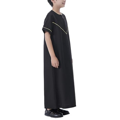 Boys Short Sleeve Muslim Thobes Islamic Kids Half Zipper Eid Traditional Prayer Kaftan Thobes Toddler Abaya Clothes - color: Black, size: 5-6 Years