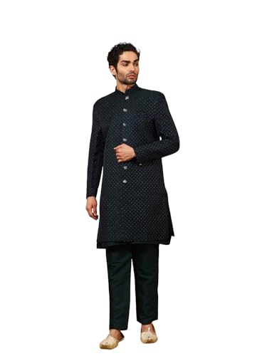 Pro-Ethic Style Developer Cotton Indo-Western Set with Embroidered Long Jacket for Men (C-129) - color: Dark Green, size: Large