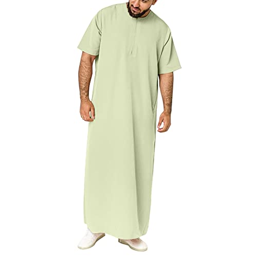 Mens Muslim Thobe Short Sleeve Crewneck Long Gown Casual Lightweight Breathable Big and Tall Robe Ethnic Clothes - color: Light Green, size: 5X-Large