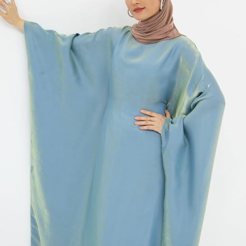 Dubai Bat Sleeve Dress Shiny Robe for Women Muslim 1pc Abaya Eid Prayer Clothes Soft Dubai Travel Party Dress Maxi Abaya - color: Greena, size: Large