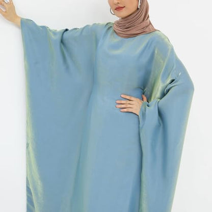 Dubai Bat Sleeve Dress Shiny Robe for Women Muslim 1pc Abaya Eid Prayer Clothes Soft Dubai Travel Party Dress Maxi Abaya - color: Greena, size: Large