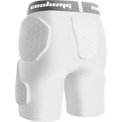 COOLOMG Youth Football Girdle 5 Pad Football Compression Shorts with Cup Pocket Integrated Hip Tailbone Thigh Pads - color: White, size: X-Small