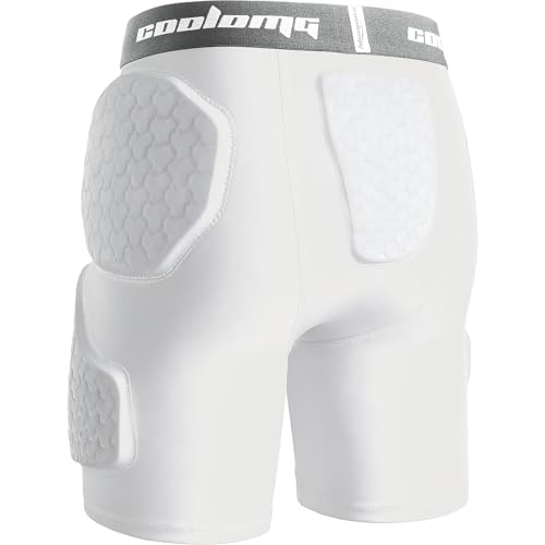 COOLOMG Youth Football Girdle 5 Pad Football Compression Shorts with Cup Pocket Integrated Hip Tailbone Thigh Pads - color: White, size: Large